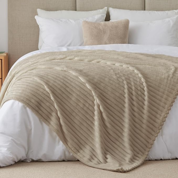 BEDELITE Blankets Queen Size for Bed, 300GSM Soft & Warm Fleece Blanket, Decorative and Giftable Striped Linen Blankets for Women, Men, 90"x90"