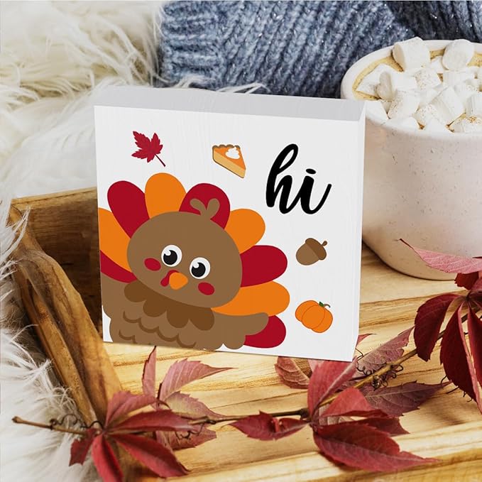 HTBIG The Autumn Decor ative Thanksgiving Comes With a Hi fun Greeting Sign Wooden Box Placed In a Home office Bedroom or Coffee Barit Instantly Creates a Strong festive Ctmosphere 5 x 5 Inch
