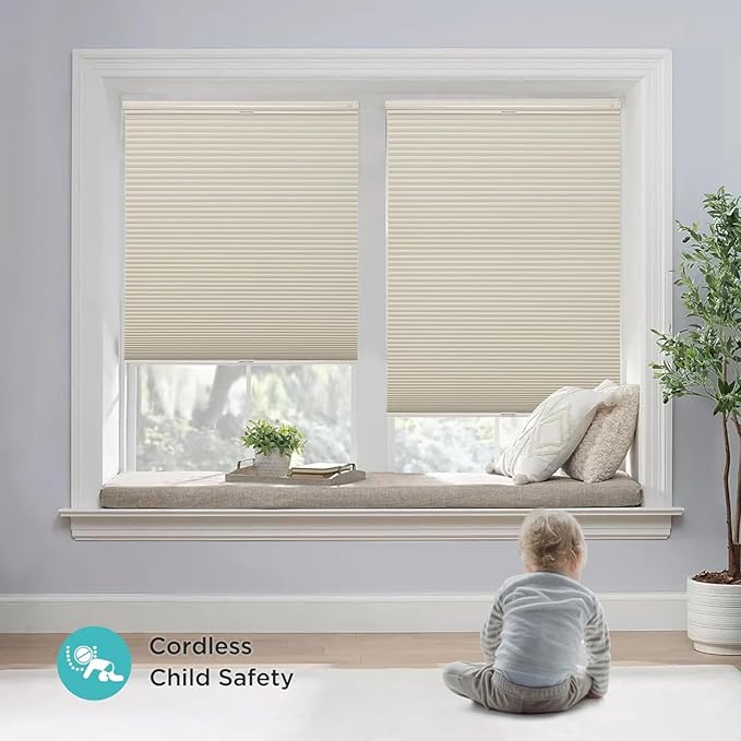 Joydeco No Tools No Drill Blinds for Indoor Windows, Cordless Window Blinds Cellular Shades Top Down Bottom Up Blackout Honeycomb Blinds Thermal Insulated Noise Reduction (Beige, 33" W x 64" H)