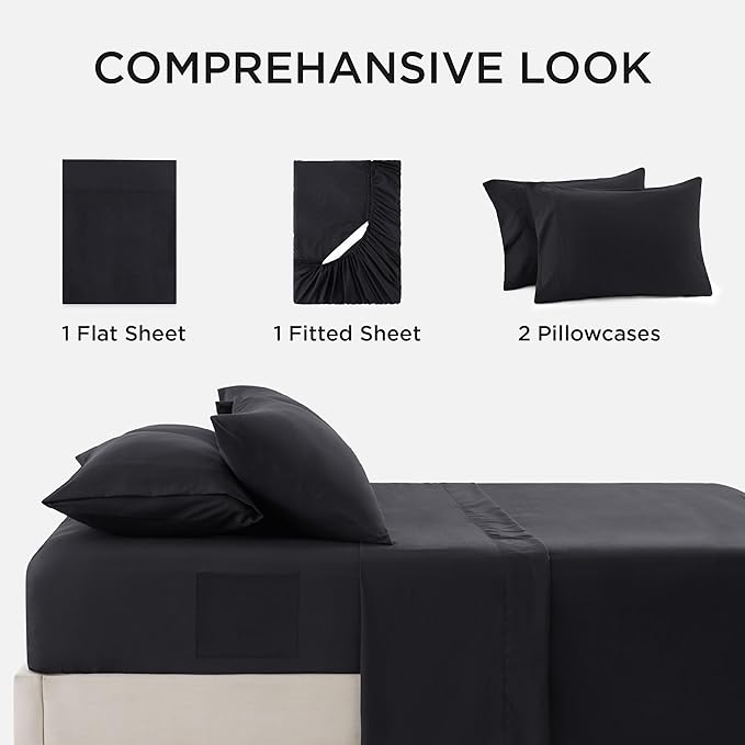 Bedsure Deep Pocket Twin Sheets - 4 Piece, Prewashed Ultra-Soft Twin Sheets Set, Fits Mattresses Up to 18 Inches Thick, Breathable & Secure Fit, Hotel Luxury Bedding, Black