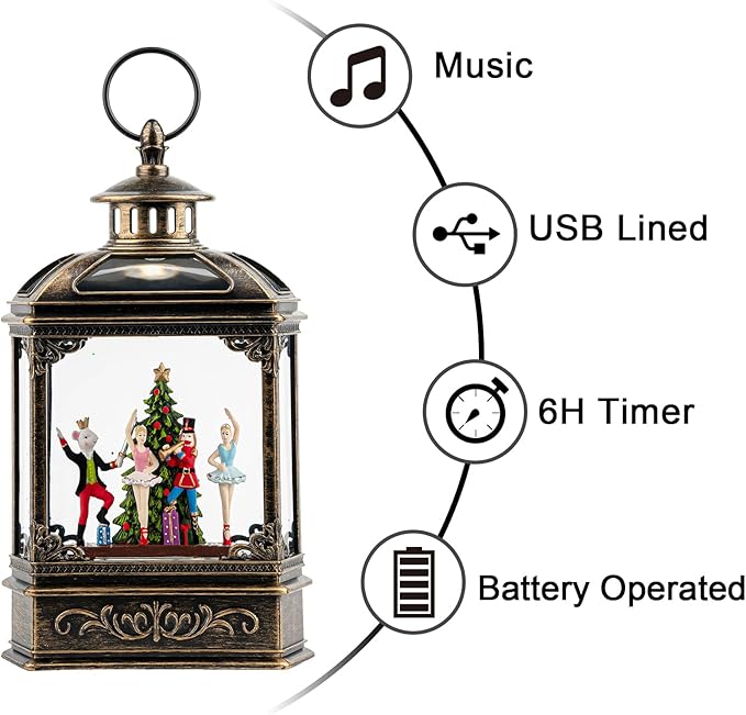 Christmas Snow Globe Lantern Lighted Nutcracker Suite Scene Musical Snow Water Lantern Swirling Glittering Home Decoration and Gift, Battery Operated or USB Powered