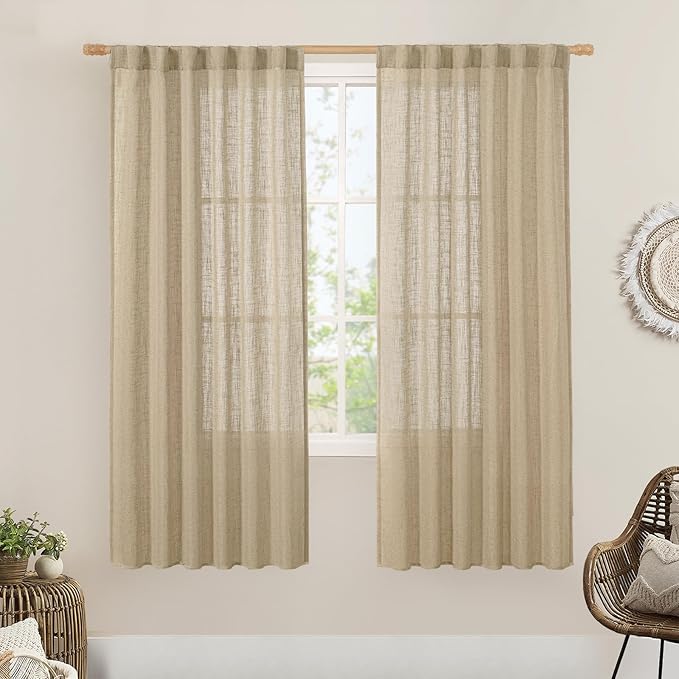 LAMIT Brown Linen Boho Curtains 68 inch Length 2 Panels, Light Filtering Semi Sheer Panels Back Tab and Rod Pocket Neutral Drapes for Bedroom/Living Room, 52 x 68 Inch