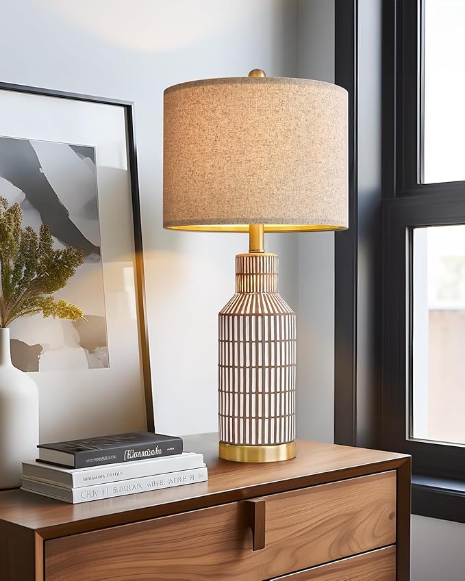 25" Table Lamps Set of 2, Modern Ceramic Bedside Lamps - Farmhouse Brown Nightstand Lamps for Bedroom, Boho Living Room End Table & Office Desk Decor