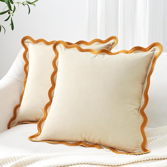 MONDAY MOOSE Decorative Throw Pillow Covers Cushion Cases, Set of 2 Soft Velvet Scalloped Wavy Edge Designs, Mix and Match for Home Decor, Pillow Inserts Not Included (Honey/Cream, 16x16 inch)