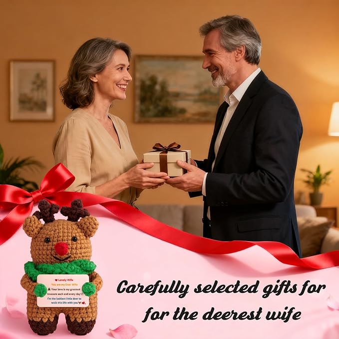 Mini Cute Deer Gifts for Wife Handmade Crochet Reindeer Present Wedding Anniversary Thanksgiving Christmas Birthday Gift for Her Woman from Husband Office Home Emotional Decor Doll