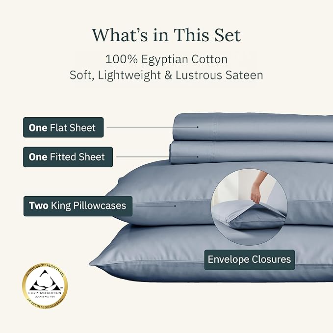 California Design Den Certified Luxury 100% Egyptian Cotton King Size Bed Sheets Set - Soft and Durable Sateen, Deep Pocket King Egyptian Cotton Sheet Set - Blue Hydrangea