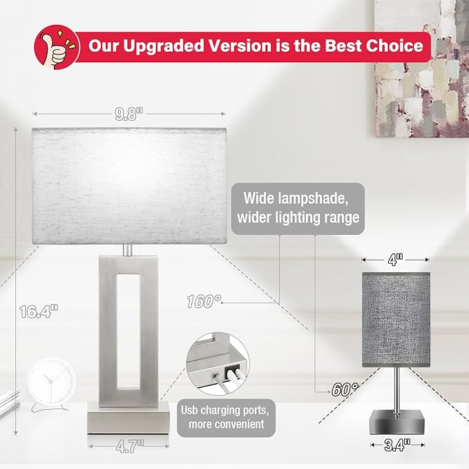 Bedroom Table Lamps Set of 2 - Beige Silver Touch Bedside Lamps with USB C+A, 3 Way Dimmable Gold Lamp for Nightstand, Modern Night Stands Lamps for Living Room End Tables