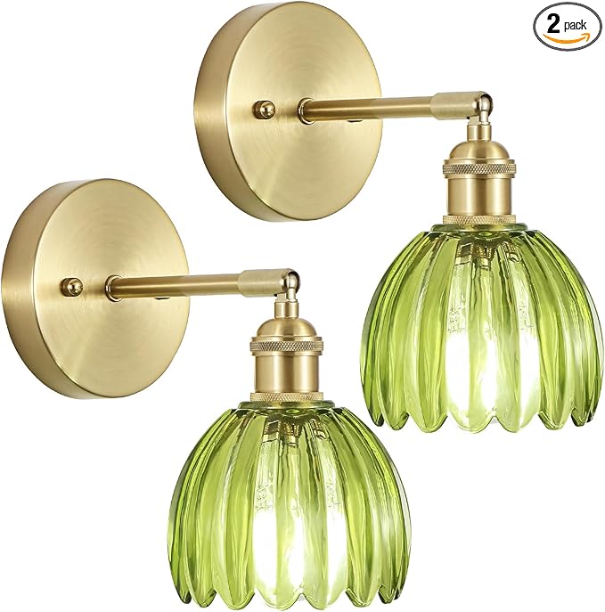 Vintage Wall Sconces Set of Two,Hardwired Wall Lights with Green Tulip Glass Lampshade,Gold Wall Lamps for Bedroom Bedside Stairway Bathroom Living Room(Bulbs Not Included)