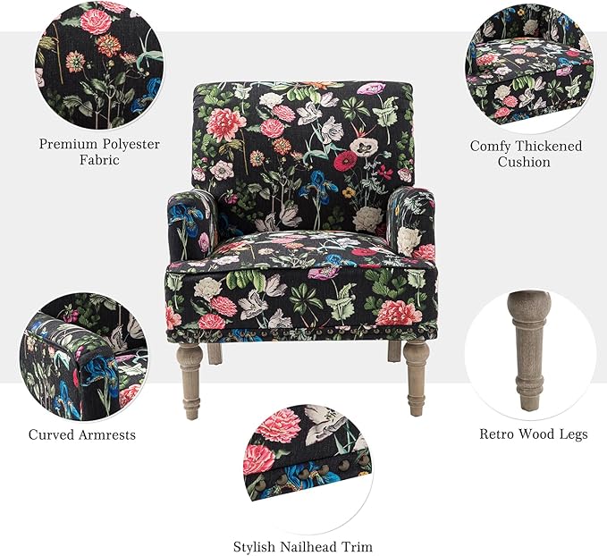 HULALA HOME Modern Armchairs Set of 2 with Wooden Legs & Nailhead Trim, Comfy Upholstered Accent Chairs for Living Room Bedroom (Floral Patterns, Black)