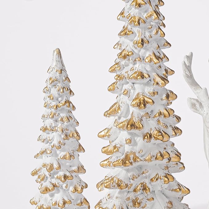 DN DECONATION Reindeer and Christmas Tree Decoration Set of 5 – Xmas Deer Figurines and Tree Statues – White & Gold Resin Christmas Figurines for Table Decor, Mantle Decor, Holiday Decorations Indoor