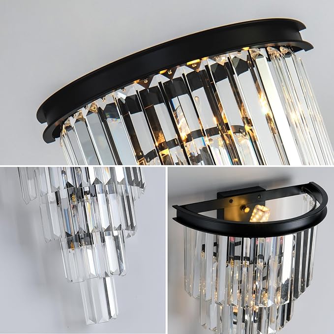Black Crystal Wall Sconce, Modern 4-Tiers K9 Clear Crystal Wall Light Bedside Wall Mount Lamp for Living Room Bedroom Mirror Dining Room Hallway Foyer Lighting Fixture
