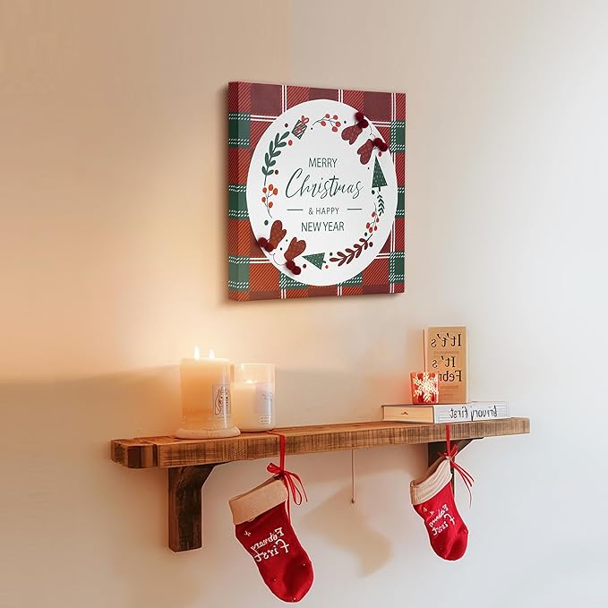 ArtbyHannah Christmas Canvas Wall Art Decor, 3D Textured & Holly Red Berry Wall Decor with Red & Green Plaid Prints for Home Kitchen Dining Party Bathroom Winter Holiday Decorations (12x12 inch)