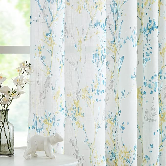 Branch Semi Sheers Curtains Living-Room 84inch Long Yellow Teal Watercolor Print Tree Curtain Drapes for Bedroom Linen Textured Look Privacy White Sheer Window Panels for Dining Grommet Top 2pcs