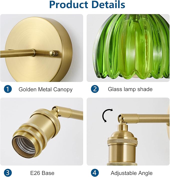 Vintage Wall Sconce 2 Pack, Green Glass Shade Gold Wall Lamp with 12 Inch Cable Switch, Modern Bathroom Wall Sconces Set of Two for Bedroom Corner Hallway