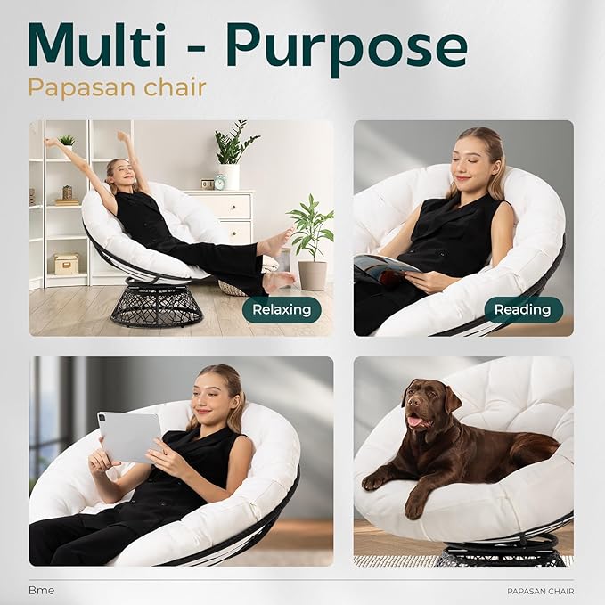 Bme 40" Ergonomic Wicker Papasan Chair with Soft Thick Density Fabric Cushion, High Capacity Steel Frame, 360 Degree Swivel for Living, Bedroom, Reading Room, Lounge