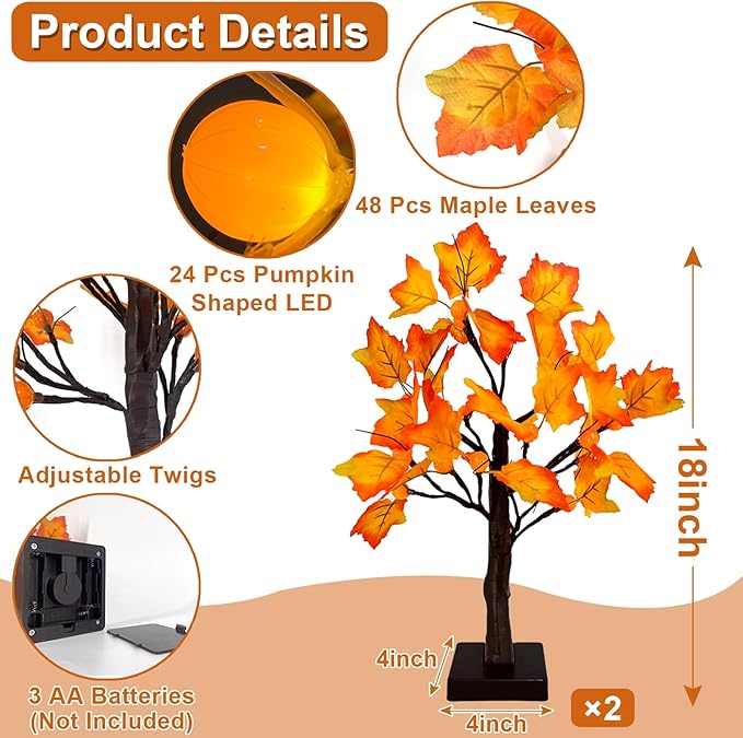 Timer - Fall Thanksgiving Tree, 18 Inch Prelit Lighted Maple Tree Thanksgiving Decorations with 24 Pumpkin Lights Battery Operated for Autumn Harvest Decor Indoor Home Table Halloween Christmas