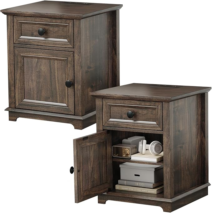 End Tables with Fast-Charge Sets, Side Tables with Drawers, Storage Side Tables Living Room, Adjustable Shelf, Bedroom Nightstands Set of 2, Rustic Brown