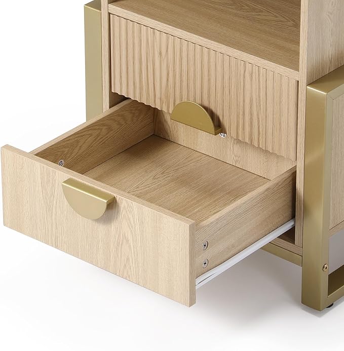 LGHM Large Fluted Nightstand with Charger Station Lights,20.47" W Night Stand with 2 Drawers,Accent Bedside Table and End Table,Semicylinder Drawer,Stable Raised Legs,Large Compartment,Natural Oak