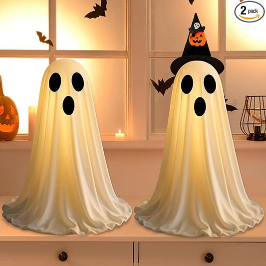 2Pack Halloween Decorations Ghosts, Light Up Ghosts Decorations with Witch Hat & String Lights, LED Glowing Ghosts for Kitchen Room Office Home Fireplace, Party Halloween Decor Indoor Easy Assemble