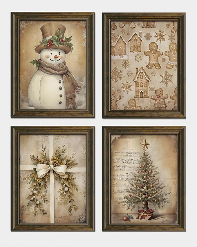 Wheatwin Vintage Christmas Wall Decor, Christmas Tree Snowman Wall Art Prints Set of 4, Boho Wall Decor for Bathroom Home Bedroom Living Room Office, 8x10 (Unframed)