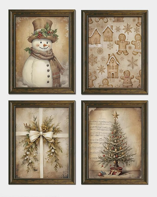 Wheatwin Vintage Christmas Wall Decor, Christmas Tree Snowman Wall Art Prints Set of 4, Boho Wall Decor for Bathroom Home Bedroom Living Room Office, 8x10 (Unframed)