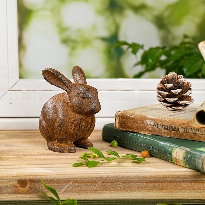 Sungmor Cast Iron Rabbit Statue, Vintage Animal Collection Figurines, Home Office Table Decor, Paperweight, Doorstop, Garden Lawn Cute Ornament, Rust Finish