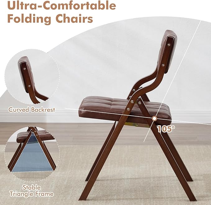 4-Pack Folding Dining Chairs with Cushion,Faux Leather Padded Foldable Dining Chairs,Portable Wooden Folding Chairs for Dining Rooms Kitchen Wedding and Party Indoor Brown
