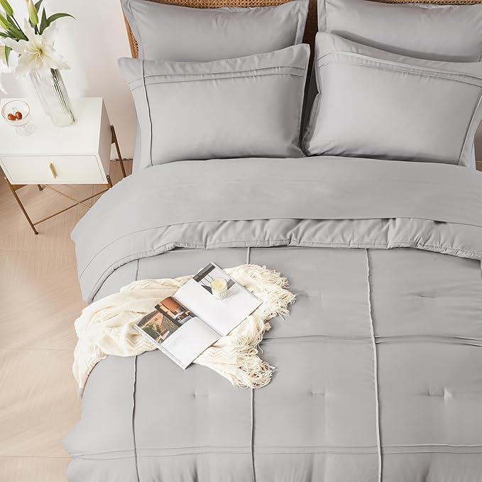 Yogeneg Twin Comforter Set 5 Piece Bed in a Bag,Grid Pinch Pleat Grey Twin Bedding Set,Striped Textured Soft Microfiber Comforter with Sheet Set,All Season Complete Bed Set(Grey,Twin)