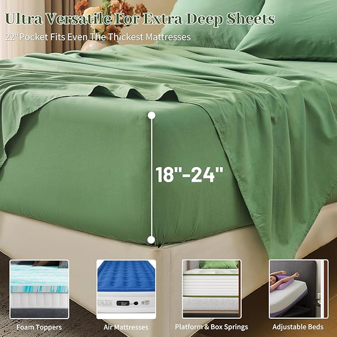 MEISHANG 100% French Pure Linen Sheets Queen Size - Extra Deep Pocket Sheet Set, Soft Durable Flax Linen, Anti-Tear Breathable & Oeko-Tex Certified 18-24 Deep Pocket,All Season(Sage Green)