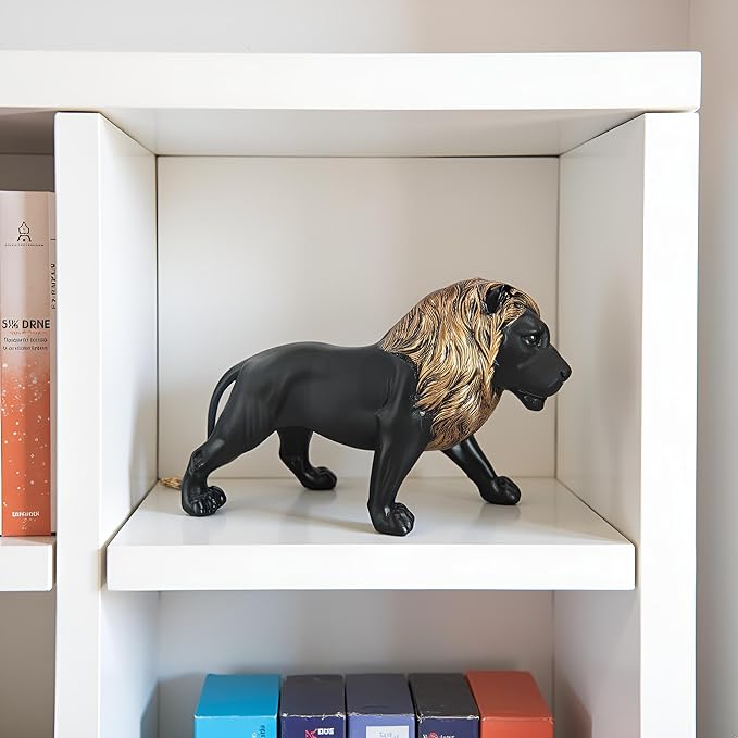 12" Collectible Black Gold Lion Statue, Desk Decor, Room Decor, Home Decor, Modern Art Sculpture, Handmade Resin Animal Statue, Gift for Women,Brother,Friend