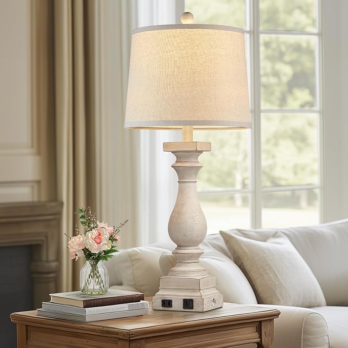 28" Tall Farmhouse Table Lamps Set of 2 with USB C+A Ports and AC Outlet, 3 Way Touch Control Rustic Bedside Lamp for Bedroom, Beige Vintage Nightstand Lamp for Living Room Office