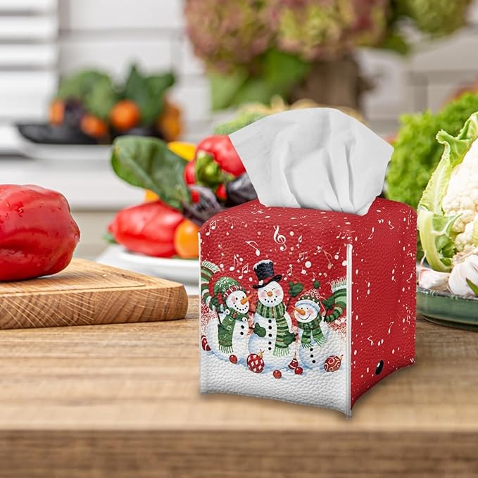 Christmas PU Leather Tissue Box Cover Aesthetic Desk Decor for Home Office Car, Snowman Print Tissues Cube Boxes Holder Bedroom/Bathroom/Kitchen Facial Napkin Holder Storage