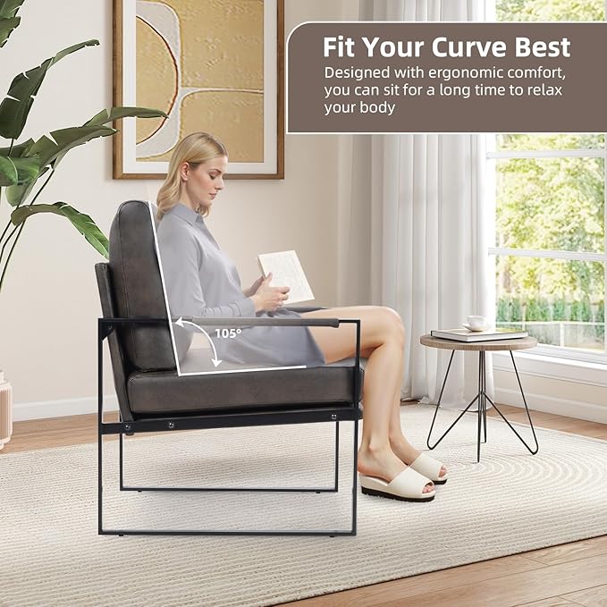 INZOY Mid Century Modern Accent Chair with Removable Cushions Set of 6, Comfy PU Leather Living Room Chairs with Thicker Backrest and Cushion, Metal Frame Design, Dark Grey