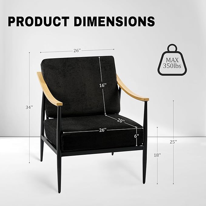 Modern Accent Chair for Living Room Bedroom Mid Century Arm Chair Upholstered Office Accent Chair Comfy Waiting Room Chair with Metal Frame, Black
