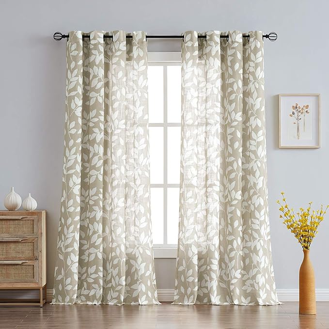 Print Semi Sheer Leaf Curtains for Living Room 52" x 54" White and Taupe Curtain Panels for Windows, 2 Pack, Taupe, Grommet Top