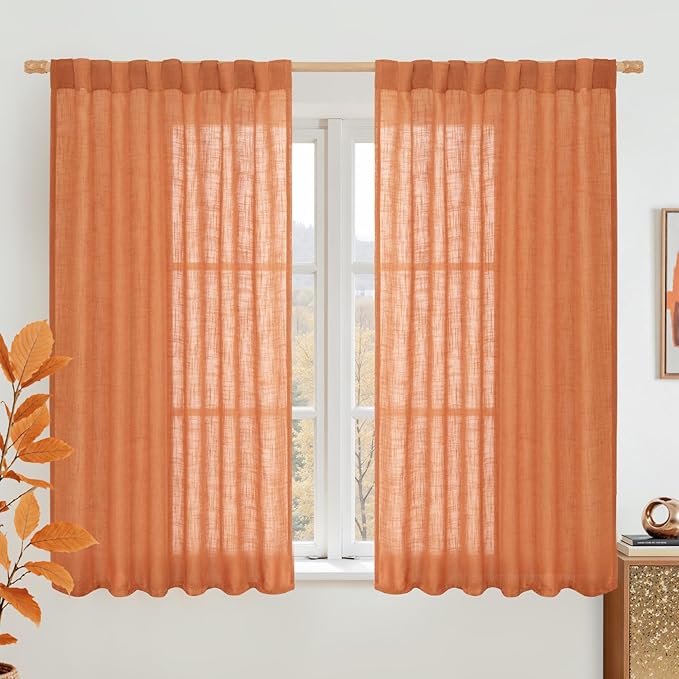 LAMIT Burnt Orange Linen Curtains 54 Inch Length 2 Panels, Light Filtering Panels Back Tab and Rod Pocket Country Decor Drapes for Bathroom/Window/Bedroom, 52 x 54 Inch