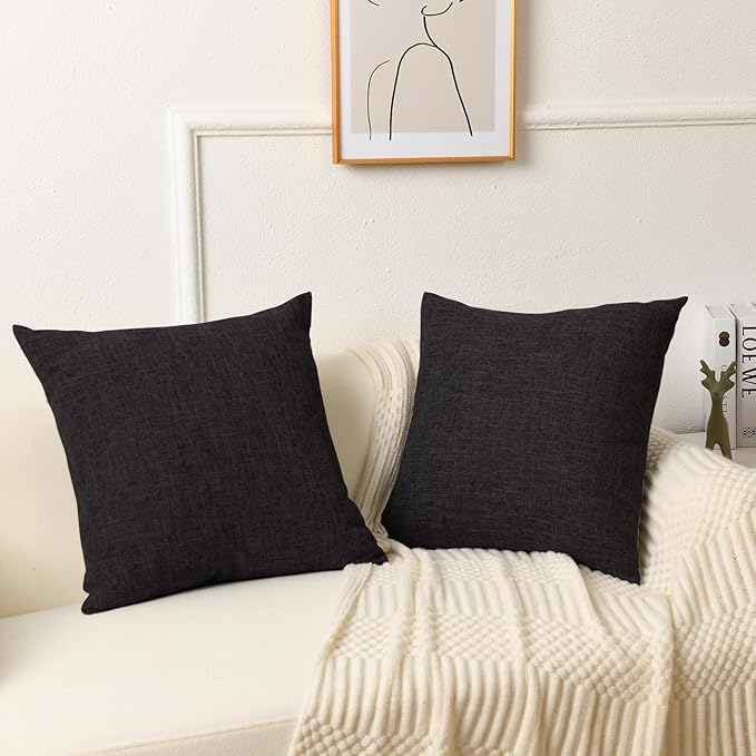 JIUZHEN 20x20 Inch Black Faux Linen Pillow Covers Set of 2, Modern Minimalist Decorative Pillowcase for Sofa Office, Luxury Textured Dark Cushion Cover