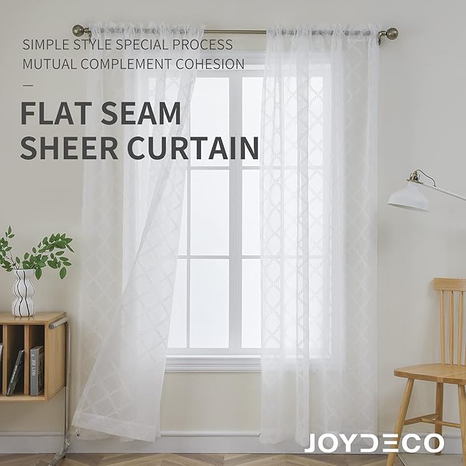 Joydeco White Sheer Curtains 63 Inch Length 2 Panels Set, Rod Pocket Semi Sheer Curtains for Bedroom Living Room, Window Treatments Voile Drapes (54x63 inch, Off White)
