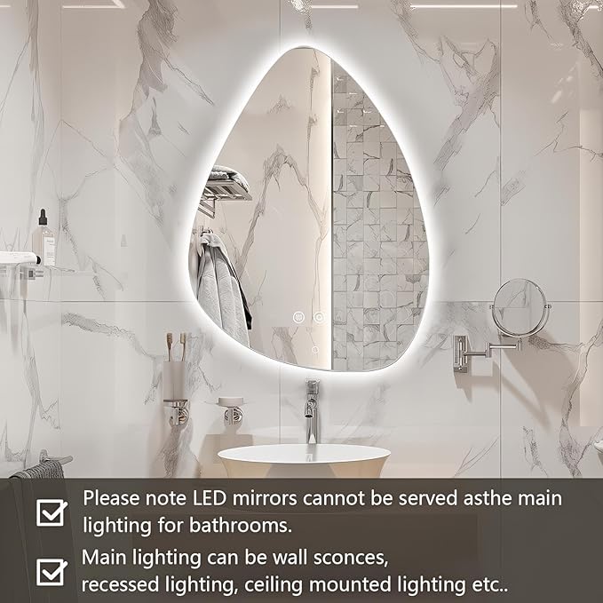 Niccy Irregular LED Bathroom Mirror, 20"x28" Asymmetrical Backlit Vanity Wall Mirrors, Frameless Lighted Mirrors for Bedroom, Living Room, Modern Smart-Mirror with Anti-Fog, Dimmable, Memory Function