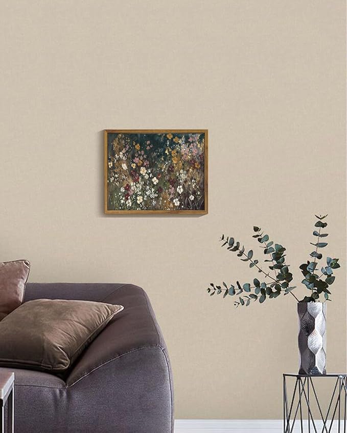 KISSFOX Vintage Floral Framed Wall Art Moody Wildflower Field Canvas Wall Art Neutral Farmhouse Serene Countryside Paintings Artwork Rustic Art Prints For Bedroom Living Room