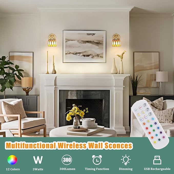 Vintage Battery Operated Wall Sconce Set of 2, 5000mAh Rechargeable Wall Lamp 12 RGB Colors Dimmable, Gold Lights Fixture for Bedroom Bathroom Living Room Hallway Orange Checker