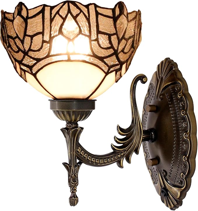 Tiffany Wall Sconce Lamp Blue Stained Glass Flower Style 8X10.5X11 Inch Plug in Wall Bedside Light for Hallway Bedroom (White Crystal Style)