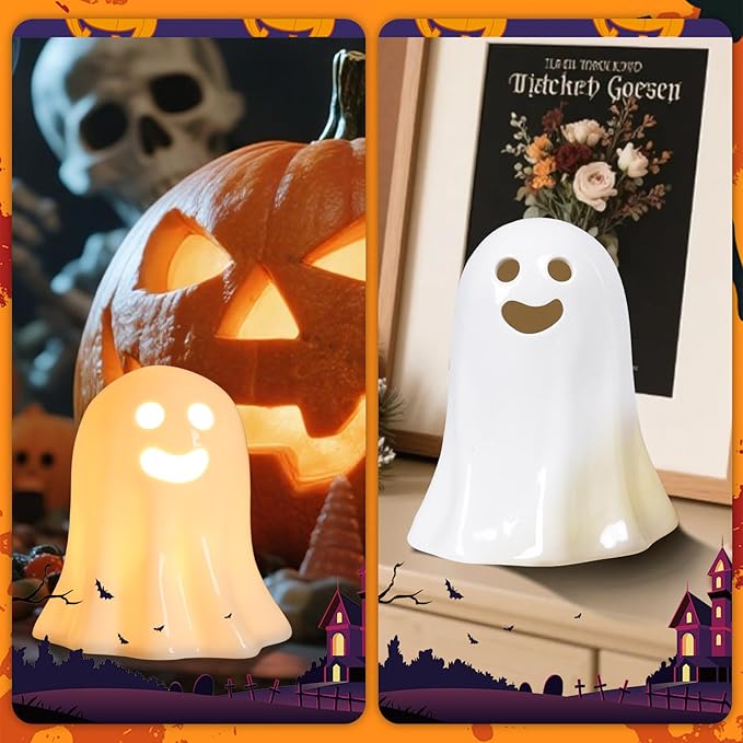 2 Pack Halloween Small Cute Ceramic Ghost Figurine Table Decor, 5.9" Ghost Figurines Decoration Family Statue Ghost Display Table Tray Fireplace Decorations, Halloween Tabletop Figurines Gift for Kids