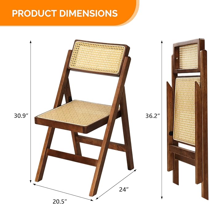 VINGLI 4 Pack Rattan Dining Chair, Wood Folding Chair with 360° Swivel Backrest, Rubberwood Frame and Rattan Woven Seat and Back, Walnut, Set of 4