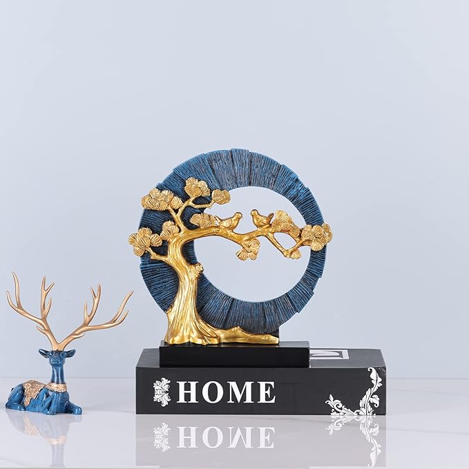 Gold Welcome Pine and Bird Statue Decor, Gold and Blue Home Decor, Bird Sculpture Home Decor for Bookshelves Office Shelves on Coffee Tables TV Cabinets Entryway Entryway Decor.