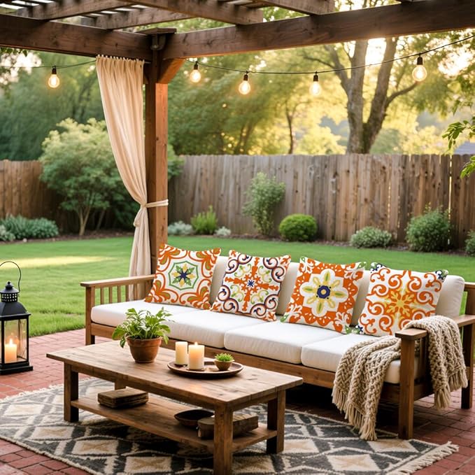 Cirzone Outdoor Pillow Covers 18x18 Set of 4 Morden Orange Geometric Patterns Waterproof Throw Outdoor Pillows Boho Decorations for Funiture Patio Garden Home