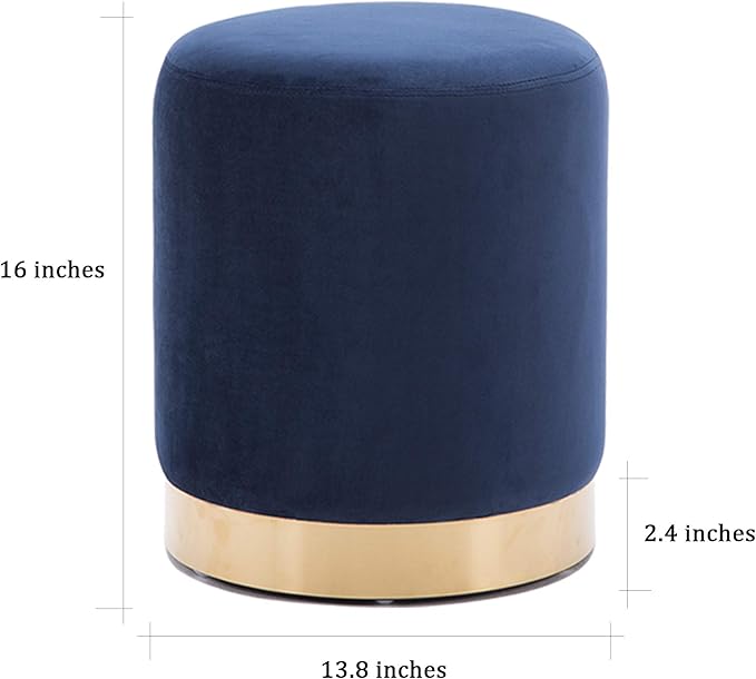 DAGONHIL Modern Round Velvet Ottoman,Upholstered Make-up Short Stools with Gold Plating Base,Foot Stool for Living Room,Pack of 1,Blue