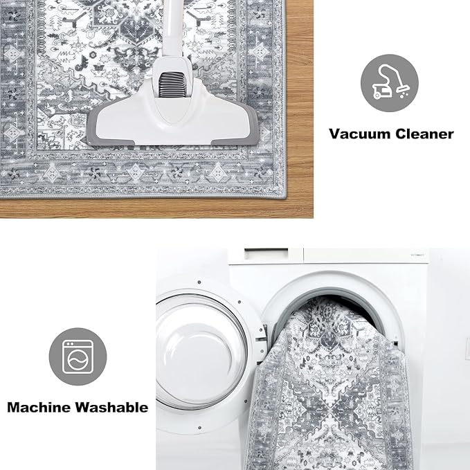 Yamaziot Boho Washable Kitchen Rugs Sets of 3, Non Slip Kitchen Mats for Floor with Rubber Backing, Waterproof & Stain Resistant Thick Carpet Runner Throw Rugs for Kitchen, Laundry Room, Hallway, Grey
