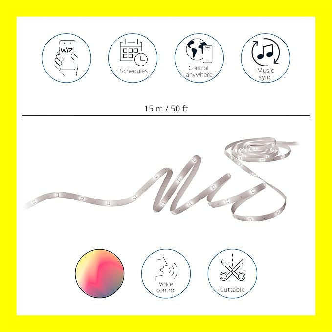WiZ RGB LED Light Strip – 50 ft Cut to Fit, 16 Million Colors + Shades of White, Preset Light Modes, Connects to Your Wi-Fi, Voice/App Control, Works with Google Home, Alexa and HomeKit (Pack of 4)