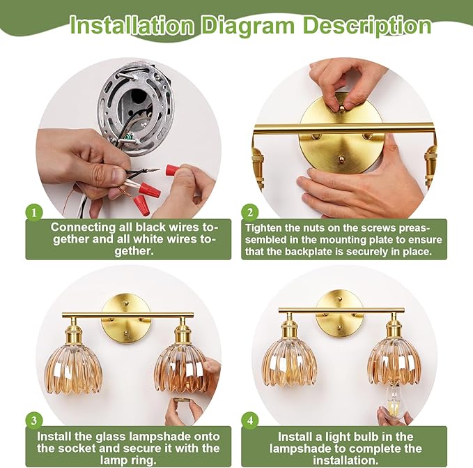 Vintage Bathroom Light Fixtures,2-Light Hardwired Vanity Lights Over Mirror,Gold Wall Sconces with Green Tulip Glass Shade for Bathroom Living Room,E26 Socket(Bulbs Not Included)